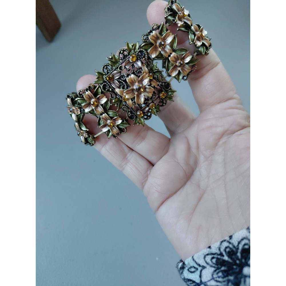 Vintage 1980s Enamel On Bronze Floral Flower Open Panel Link Bracelet Fairy Chic - Picture 6 of 8